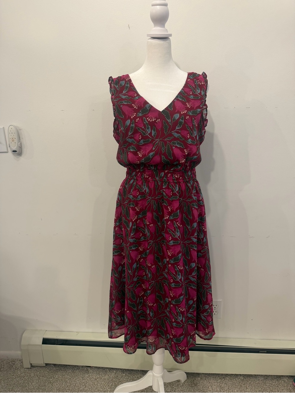 Ann Taylor Magenta Floral V-Neck Midi Dress